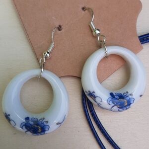 Chic Floral Blue and White Porcelain Hoop Earrings
